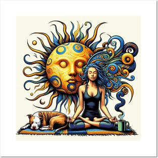Zen Woman Pit Bull and Coffee Meditation Posters and Art
